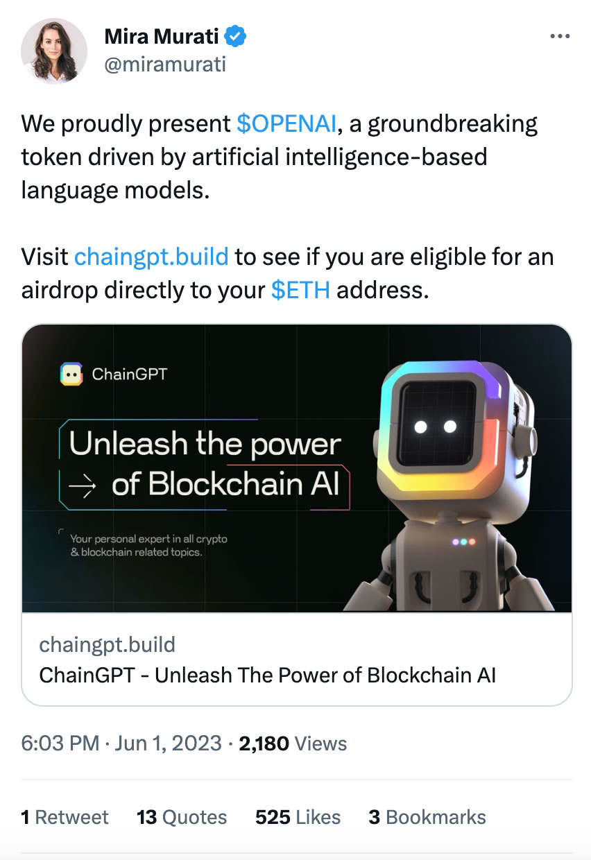 OpenAI CTO Twitter Account Promotes Scam Crypto Token in Apparent Phishing Attack