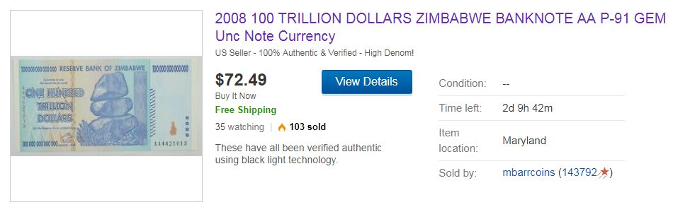 ZIMBABWE GENUINE AUTHENTIC $100 TRILLION DOLLARS UNC