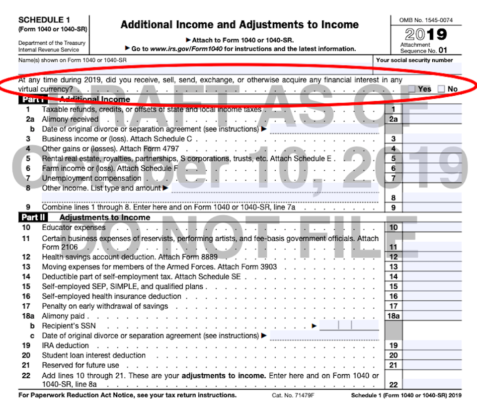 Schedule 1, Form 1040 created by the IRS to get information on any crypto-related income