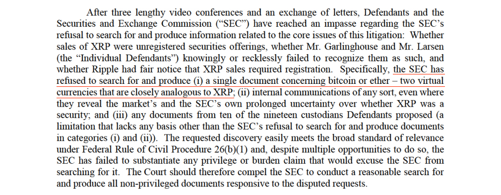 Ripple Asks SEC to Produce Documents Related to BTC and ETH