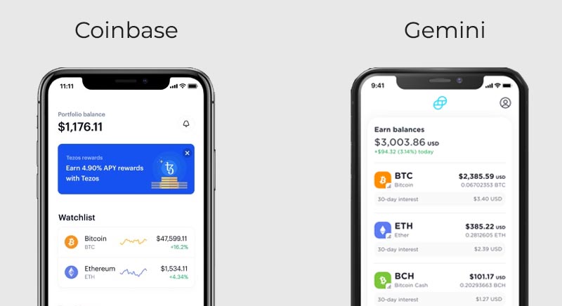 Mobile apps of Gemini and Coinbase