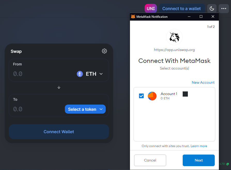 Guide to MetaMask | Connecting option on Uniswap