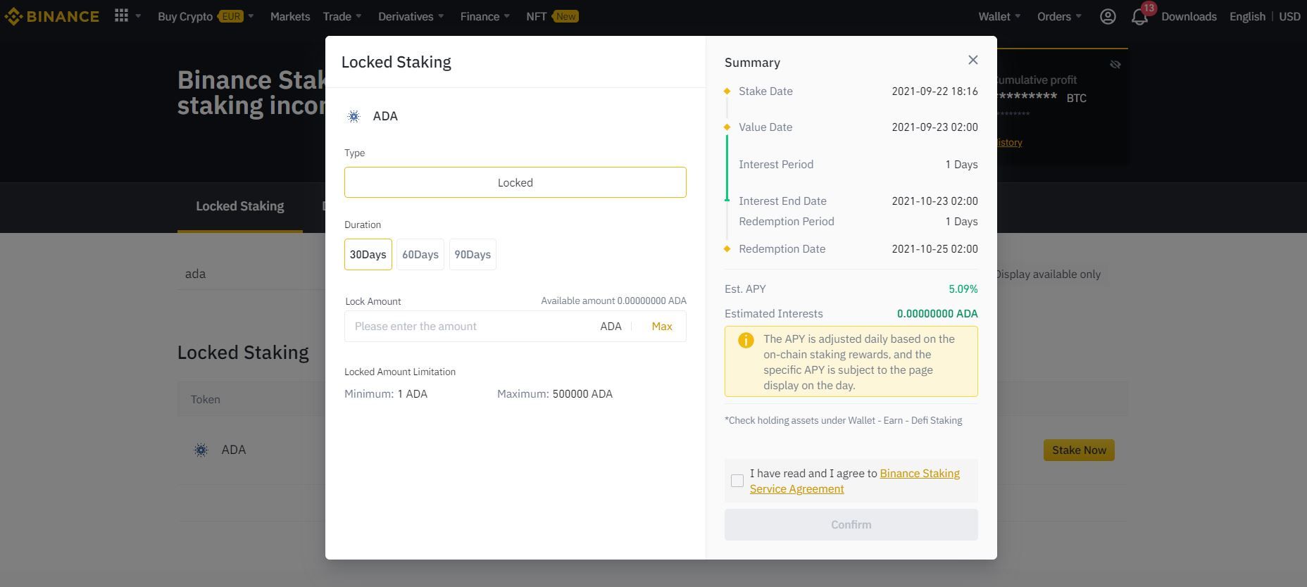 how to stake ADA binance 2