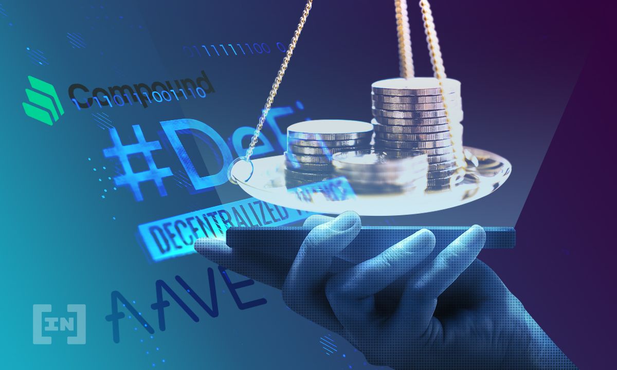 Defi lending illustrated with a #DeFi title and a scale with coins on it held up by a neon light hand. An article cover image by BeInCrypto.com.