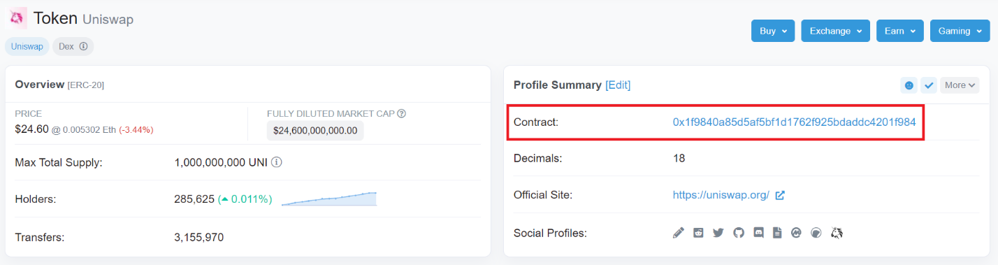 Uniswap contract on Etherscan