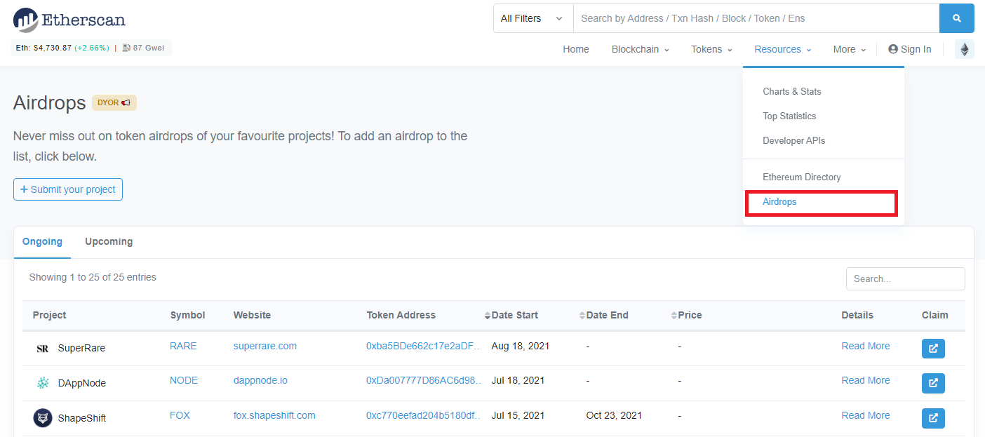 airdrops on etherscan