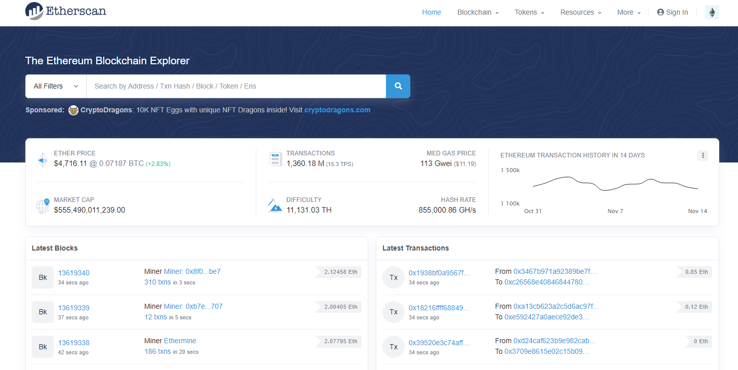 Tampilan awal Etherscan