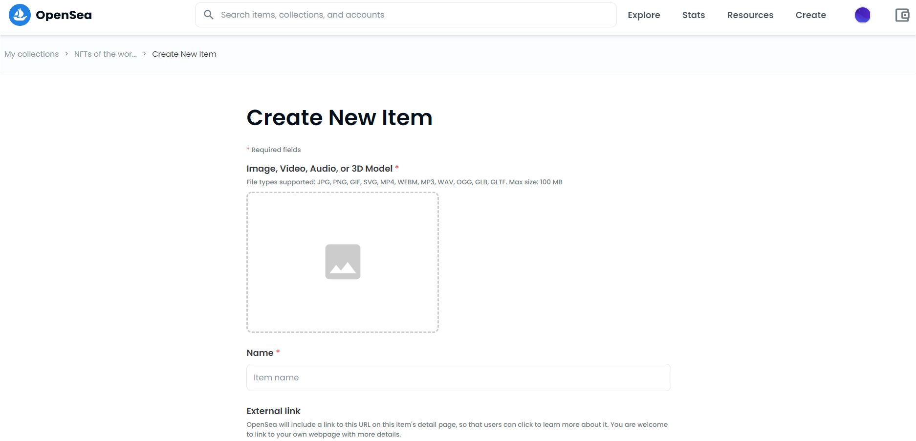 create new item for nft colleciton opensea