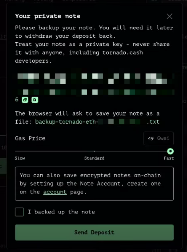 private note on Tornado Cash