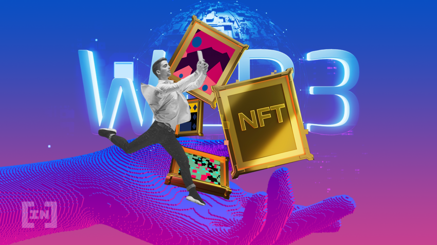 NFTs and Web 3. Abstract image with NFTs, a digital hand and a planet out of wires and metal to illustrate a new, connected future.