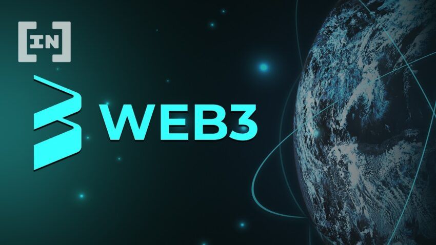 A big bold title saying "WEB3" surrounded by what seems to be space and a network of neonlight nodes connected through lines. A cover image by BeInCrypto.com.