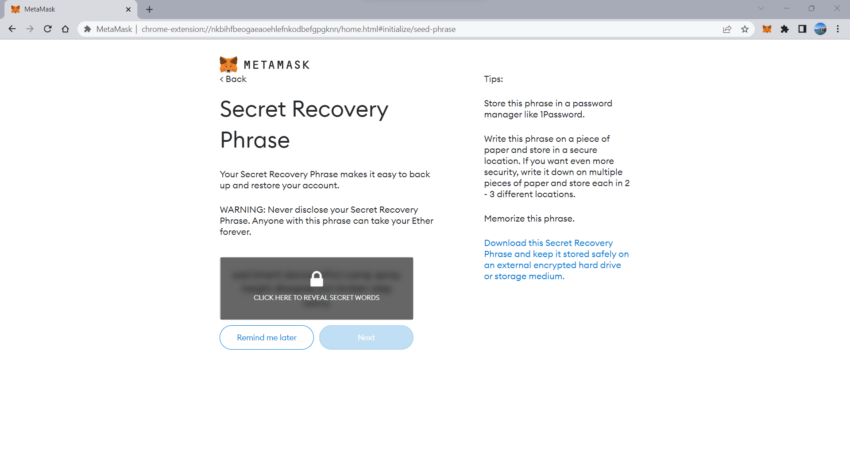 Secret recovery phrase for MetaMask