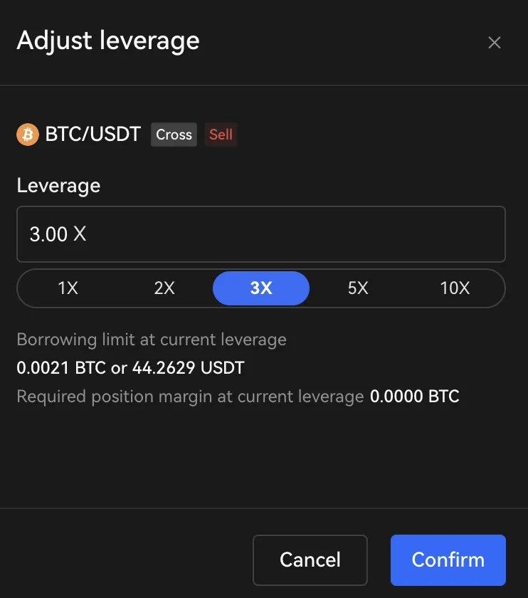 Adjust leverage to short bitcoin