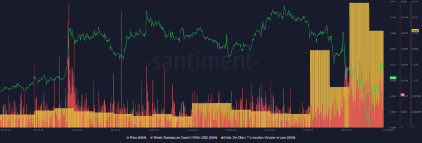 Whale transaction and daily on-chain volumes in loss | Source: Sanbase 