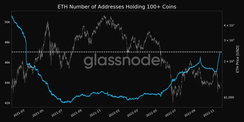 Ethereum Number of Addresses Holding 100+ Coins | Source: Glassnode