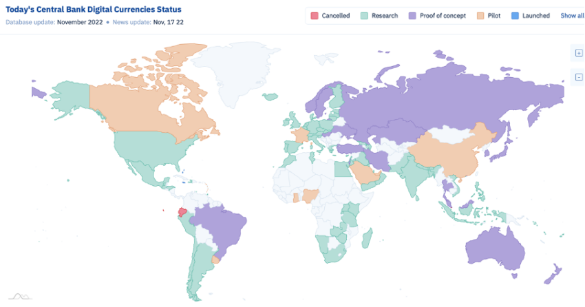 Estado de la moneda digital del Banco Central Mundial por CBDC Tracker