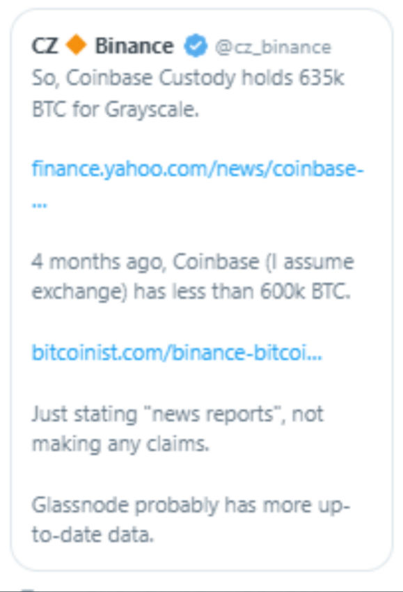 Binance CEO CZ deleted tweet shows contrasting BTC exposure claims for Coinbase. 
