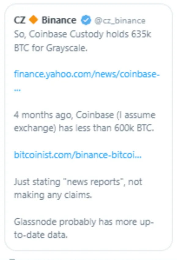 Binance CEO CZ deleted tweet shows contrasting BTC exposure claims for Coinbase.