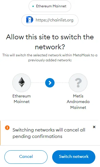 How to use Metis Bridge chainlist screenshot