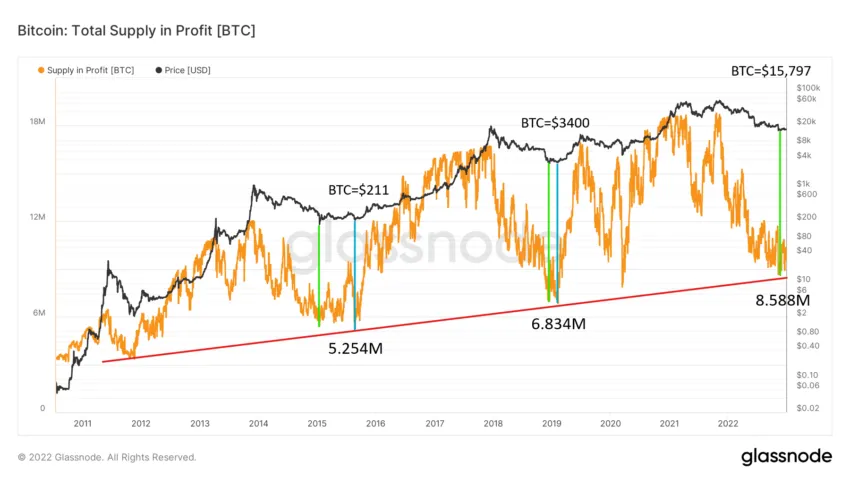 Grafico dell'offerta di Bitcoin nel profitto di Glassnode