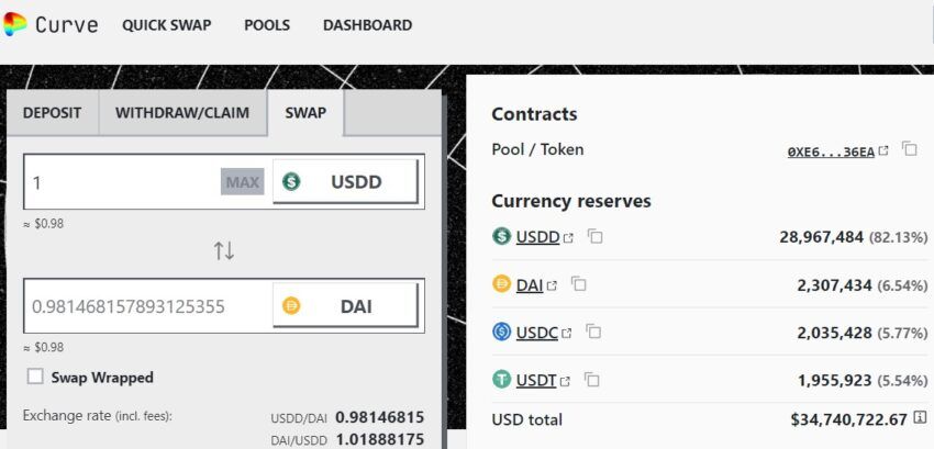 Curve DeFi заменяет изображение USDD DAI с Curve.fi