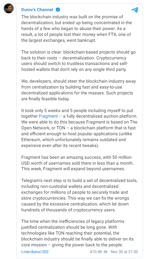 Telegram founder Pavel Durov talk about decentralization and Telegram decentralized tools