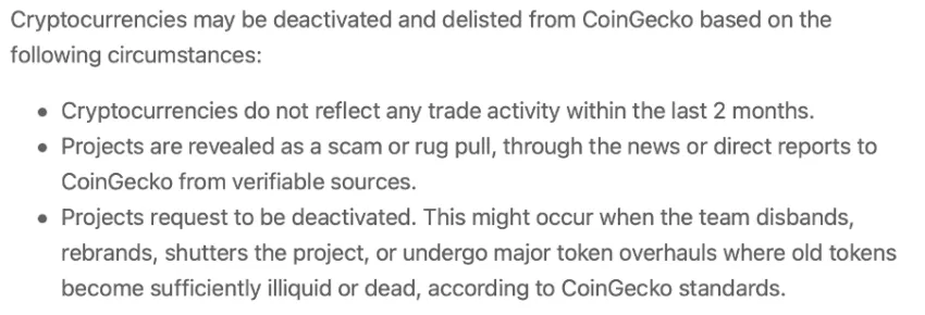 Reasons for cryptocurrencies to become deactivated or delisted from CoinGecko