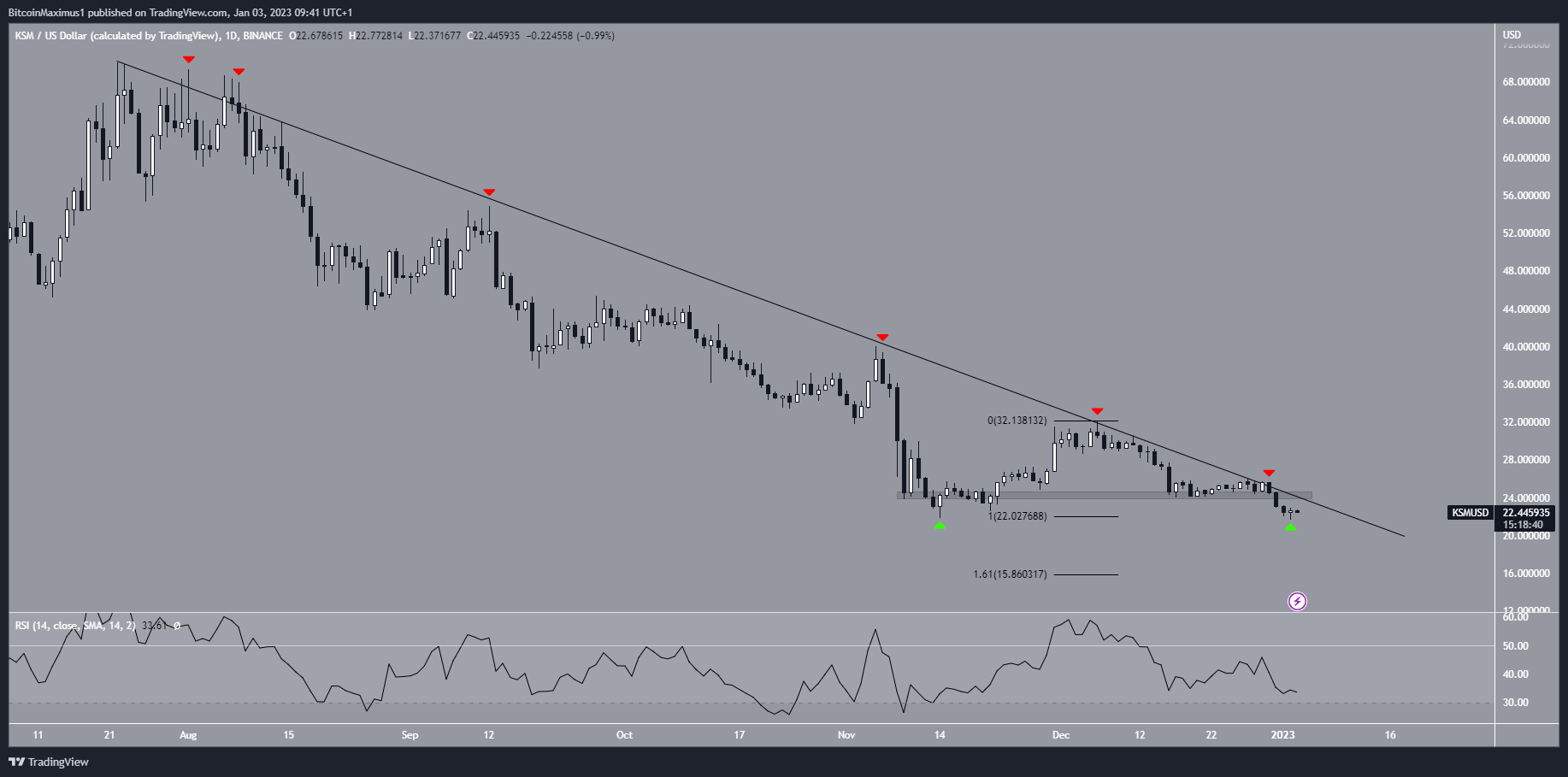 Phân tích giá Kusama (KSM): Biểu đồ hàng ngày KSM/USD. Nguồn: TradingView