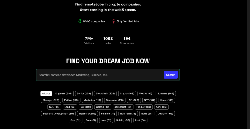 Lijst met verschillende banen op BeInCrypto Bron: BeInCrypto Jobs