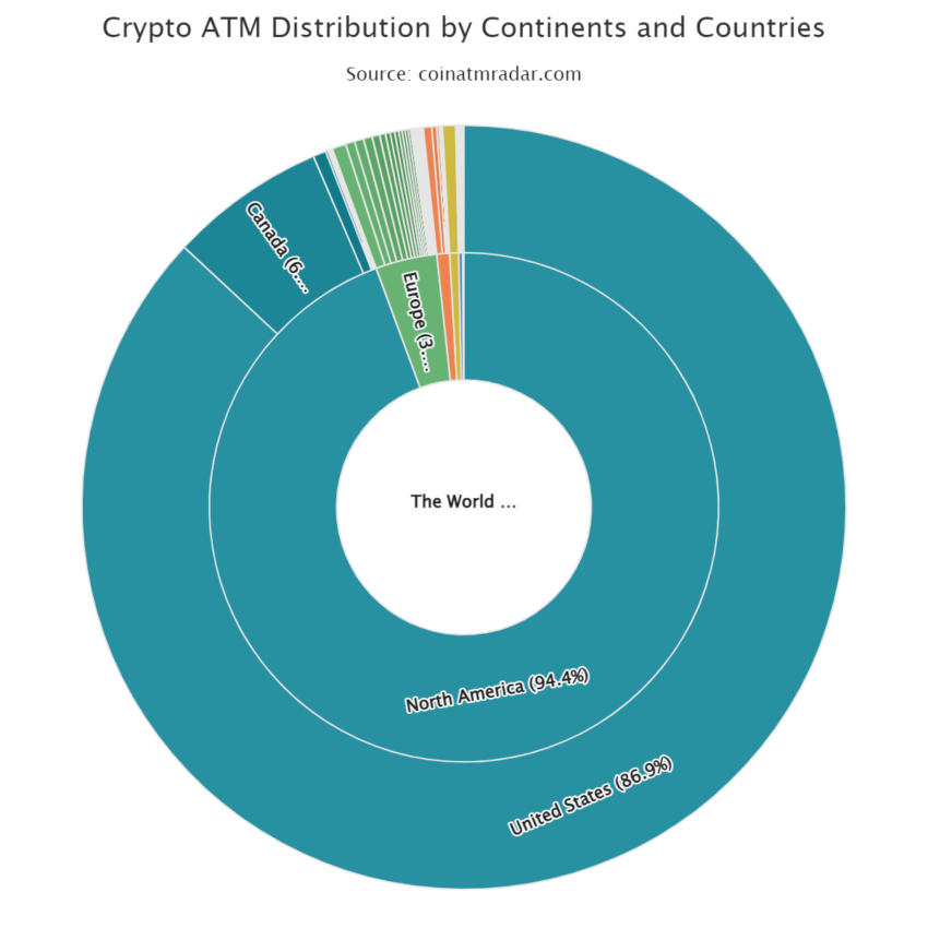 Данные о распределении криптобанкоматов на радар Coin ATM