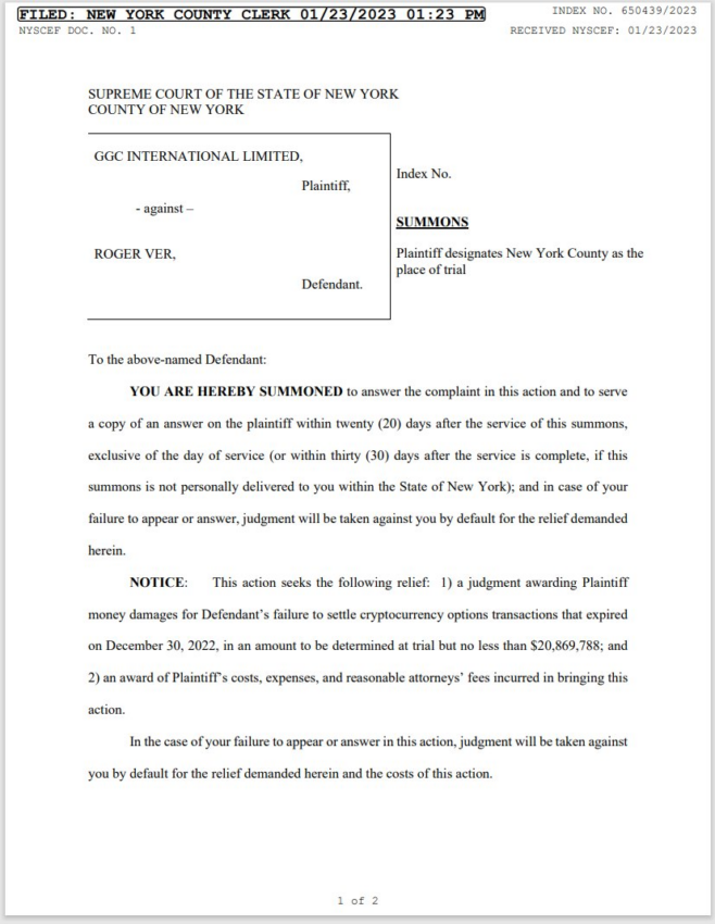 Genesis Court Citazione contro Roger Ver: Corte Suprema di New York