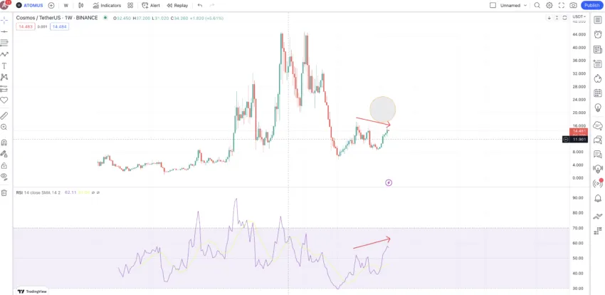 Cosmos weekly chart and RSI: TradingView