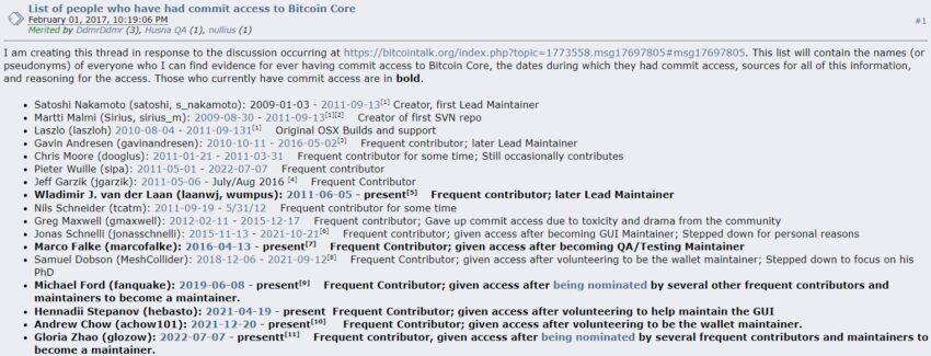 Developer Andrew Chow's Bitcoin Core tally on Bitcointalk, cited by WSJ