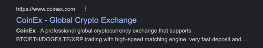Screenshot, der zeigt, wie sich CoinEx als „Global Crypto Exchange“ identifiziert.