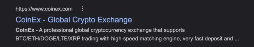 Слика од екранот што покажува дека CoinEx се идентификува себеси како „Глобална крипто берза“.