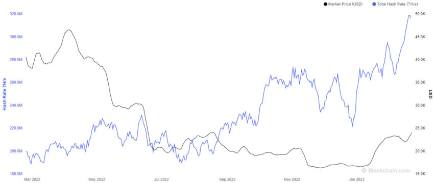 Tasso di hash BTC e prezzo 1 anno - Blockchain.com