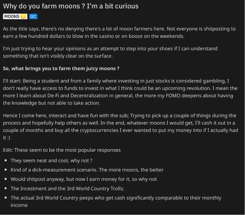 Reddit user commenting on the reason behind farming MOONs Source: Reddit