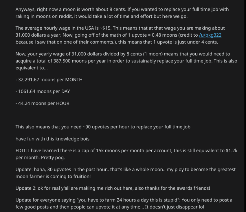 A guide to replacing full-time job with Reddit MOONs Source: Reddit