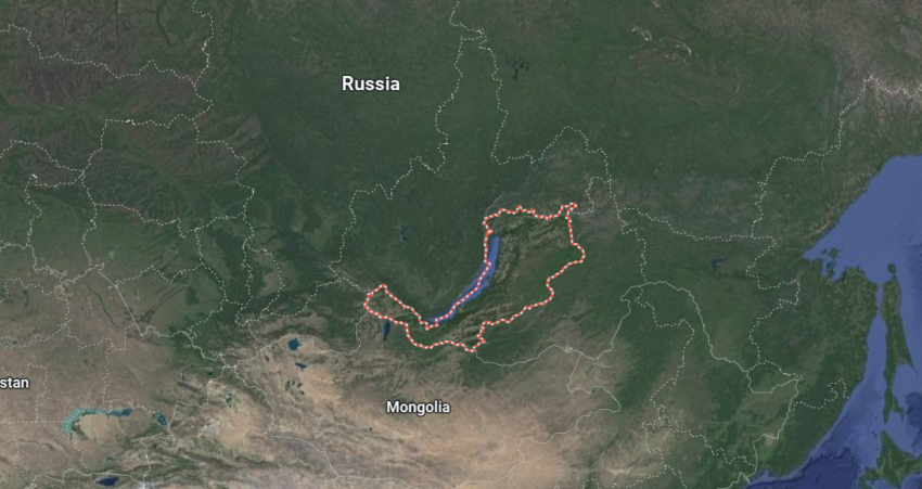 Бурятия в Российской Федерации, как видно на Google Maps.
