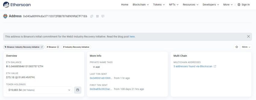 Binance Industry Recovery Initiative -lompakkoosoite: Etherscan