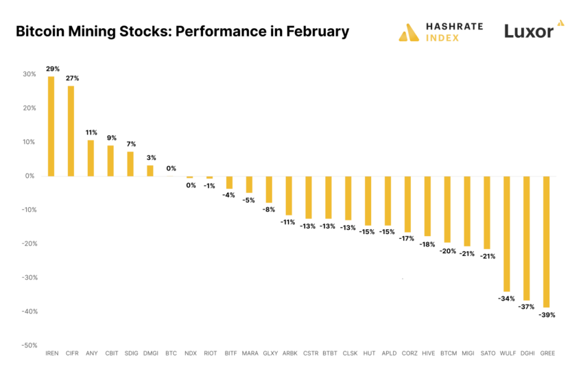  Biểu đồ về Hiệu suất cổ phiếu khai thác BTC tháng 2 năm 2023. Nguồn: Hashrate Index, Luxor