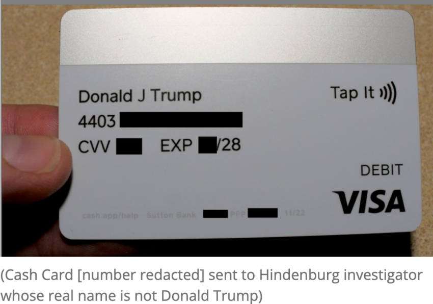 Block delivered Donald Trump card to Hindenburg analyst 