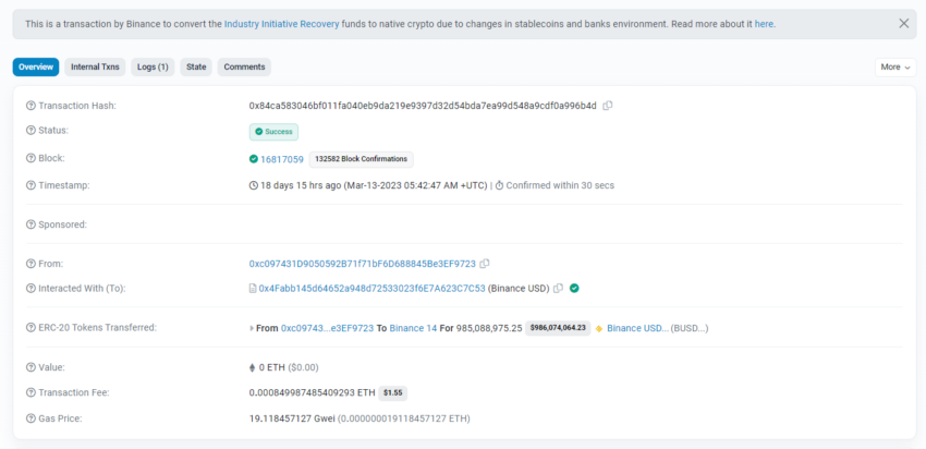 Transazione Binance Recovery Fund, Etherscan