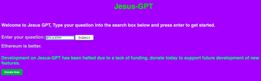 What would JesusGPT do? The chatbot prefers Ethereum over Bitcoin. Image: JesusGPT