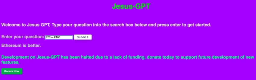 Что бы сделал ИисусGPT? Чат-бот предпочитает Ethereum биткойну. Изображение: ИисусGPT
