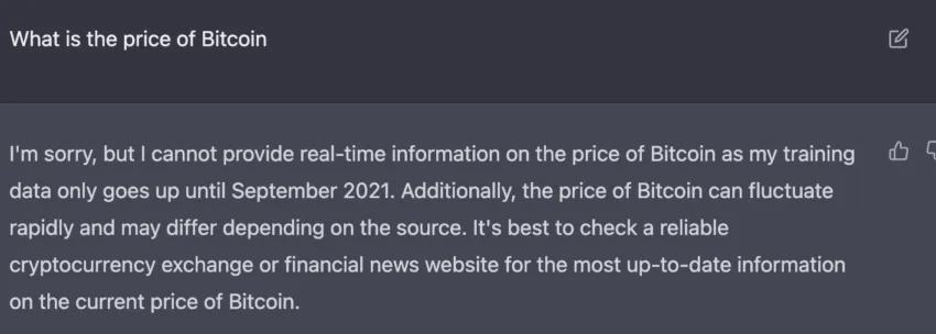 screenshot of ChatGPT's response to "what is the price of Bitcoin." artificial intelligence (AI)