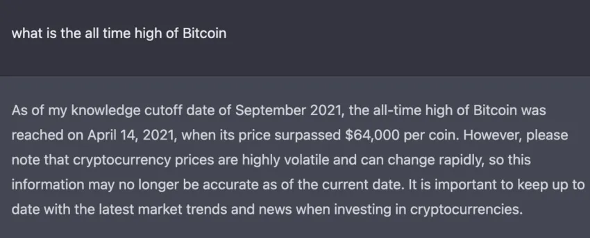 screenshot of ChatGPT's response to "what is the all-time high of Bitcoin" artificial intelligence (AI)