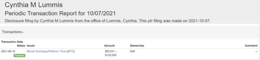 Screenshot of PTR filing for Senator Cynthia Lummis showing a Bitcoin purchase 