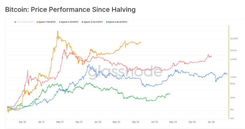 Bitcoin’s price performance in previous halving events Source: Glassnode