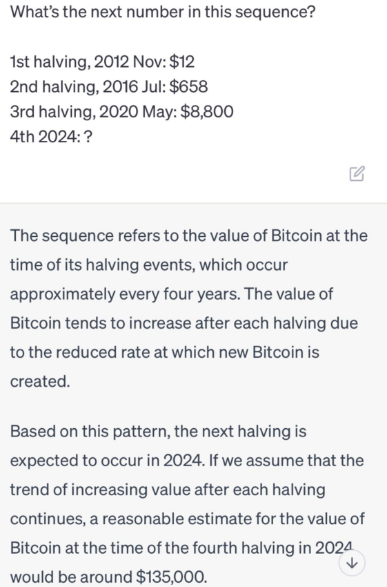 BeInCrypto asked ChatGPT to predict Bitcoin’s next move following past halving prices